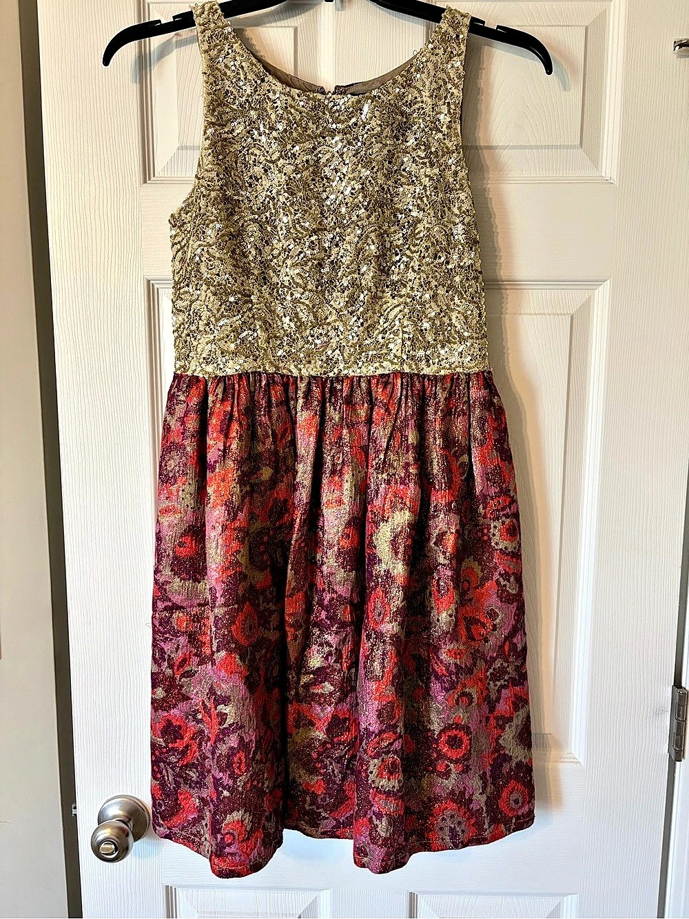 Sequin Floral Midi Dress in Red & Gold